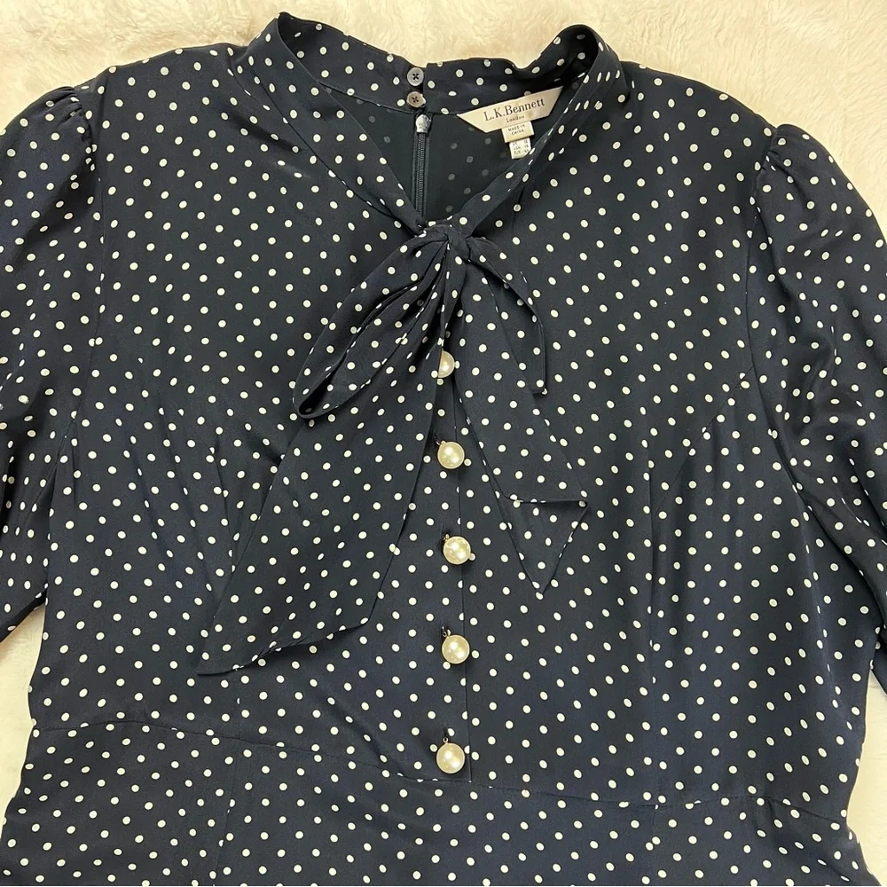 LK BENNETT navy white polka dot silk Mortimer dress in Sloane Blue - Picture 8 of 10